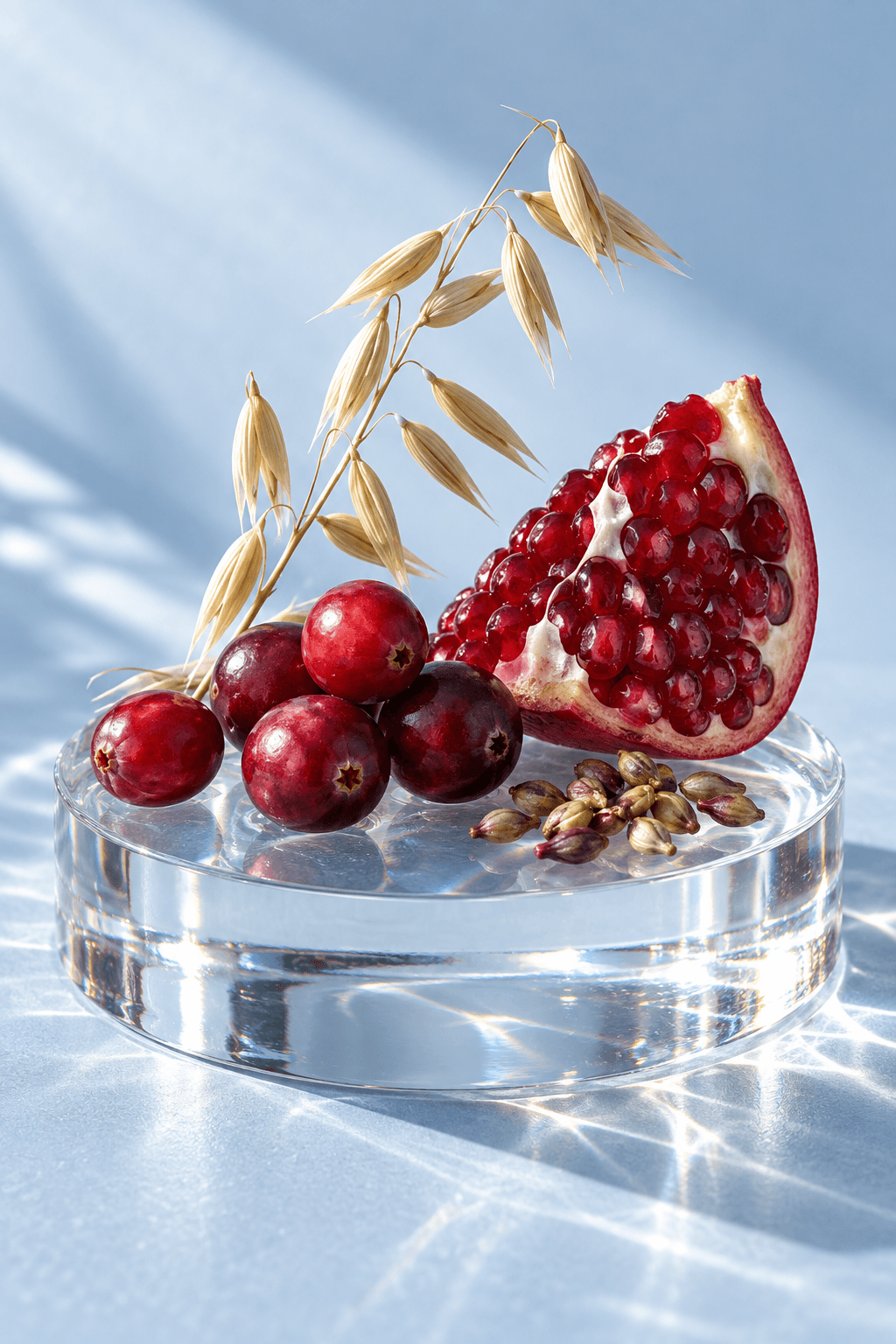 Cranberries, pomegranate, grape seeds and oats on glass