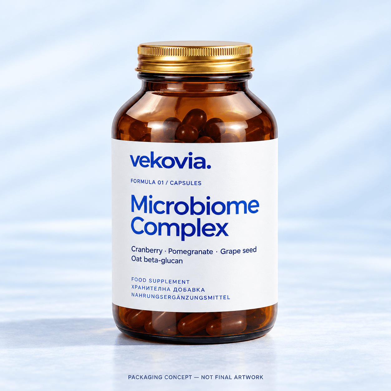 Microbiome Complex — amber-glass bottle illustration with a gold cap