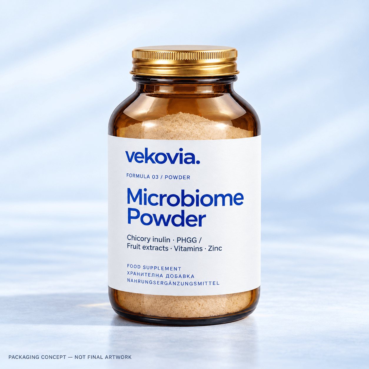Microbiome Powder — amber-glass bottle illustration with a gold cap